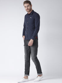 Men Navy Blue Solid Cotton Regular Fit Shirt - JUMP USA