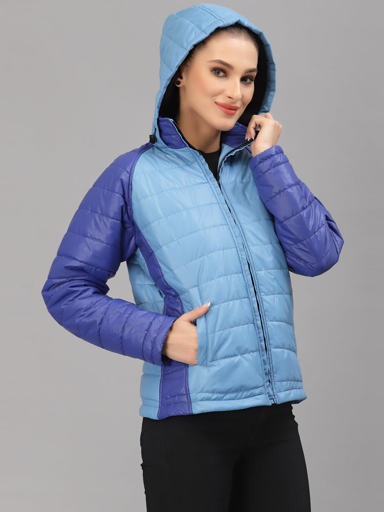 JUMP USA Women Sky Blue & Royal Blue Solid Active Wear Jacket With Hood