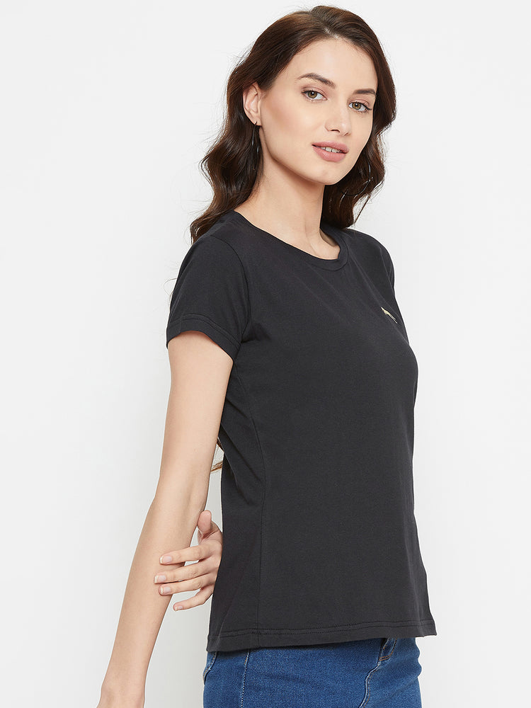 Women Black Solid Casual Round Neck T-shirt - JUMP USA