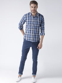 Men Blue Regular Fit Checked Casual Shirt - JUMP USA (1568801259562)