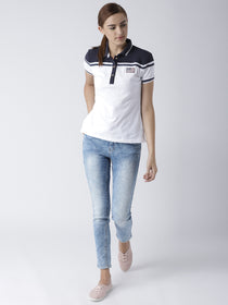 Women White and Navy Blue Polo T-shirt - JUMP USA