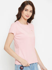 Women Pink Solid Casual Round Neck T-shirt - JUMP USA