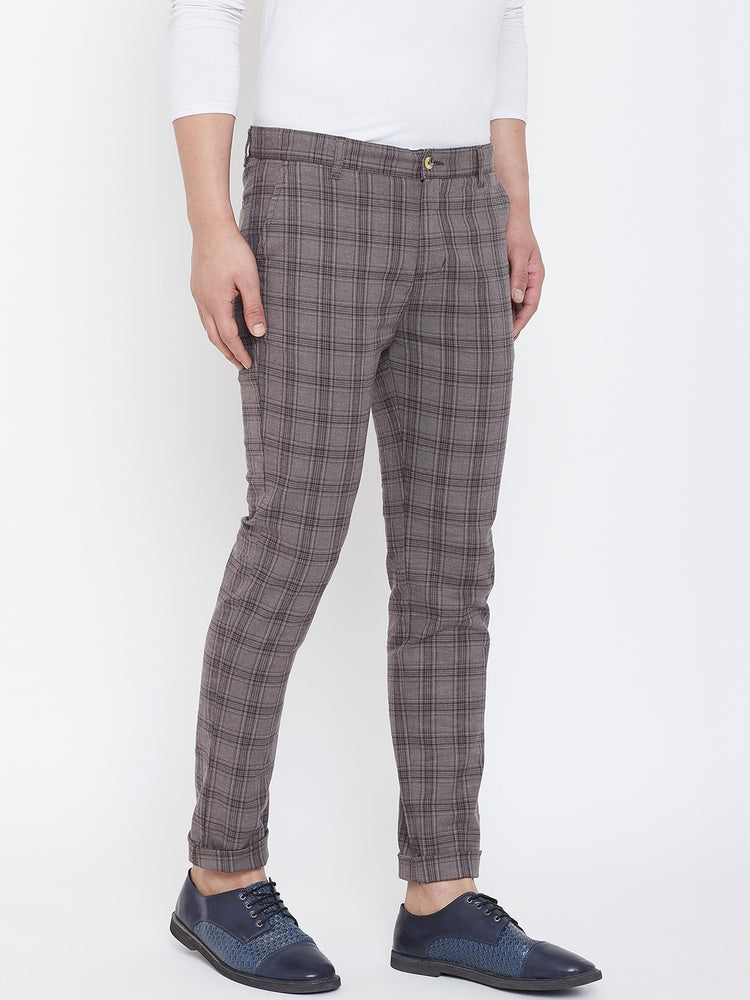 JUMP USA Men Grey Check Slim Fit Cotton Casual Trousers - JUMP USA