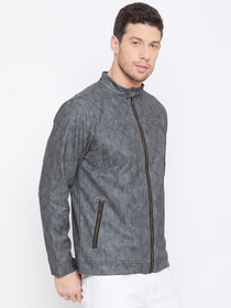 JUMP USA Men Grey Solid Casual Leather Jacket - JUMP USA