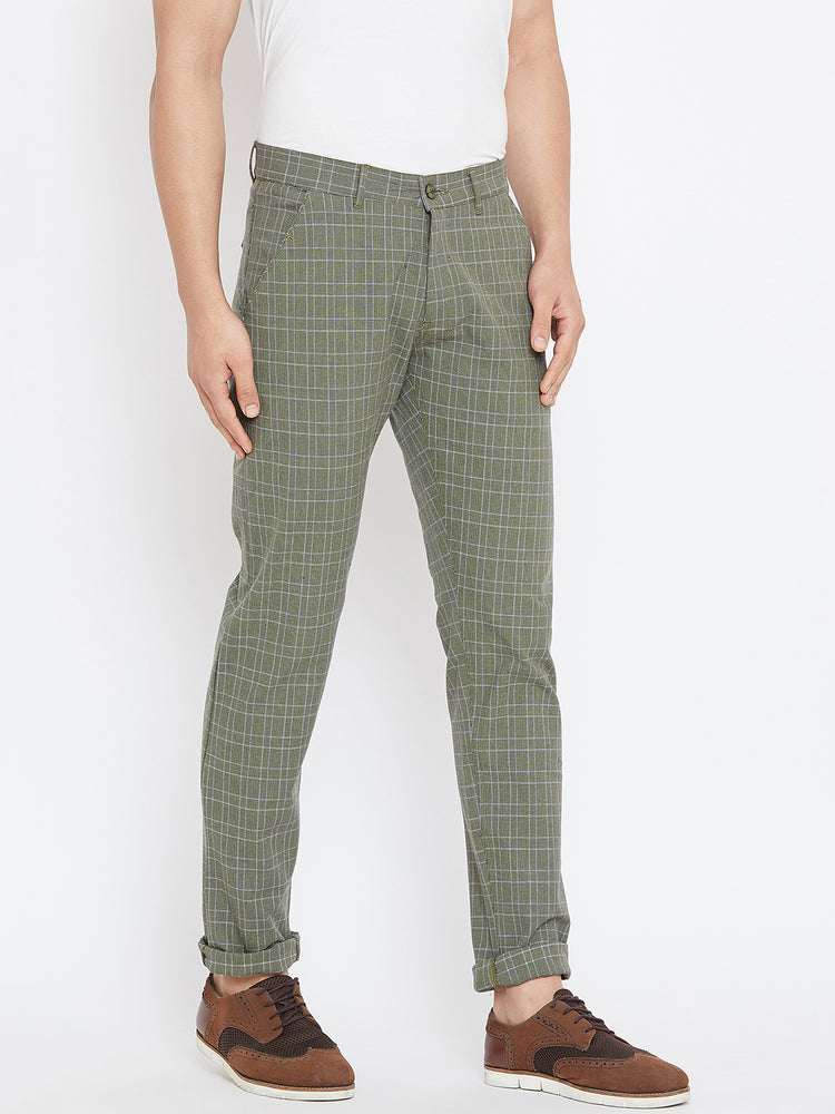Men Green Relaxed Fit Casual Checked Chinos - JUMP USA