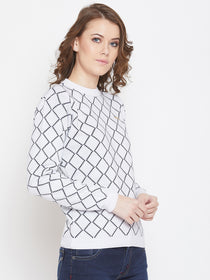 JUMP USA Women White & Navy Blue Acrylic Checked Sweater - JUMP USA