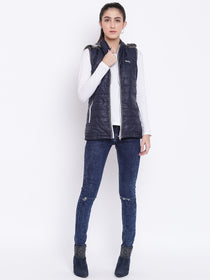 Women Navy Blue Casual Quilted Jacket - JUMP USA
