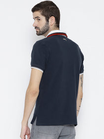 Men Navy Blue Solid Polo Collar T-shirt - JUMP USA