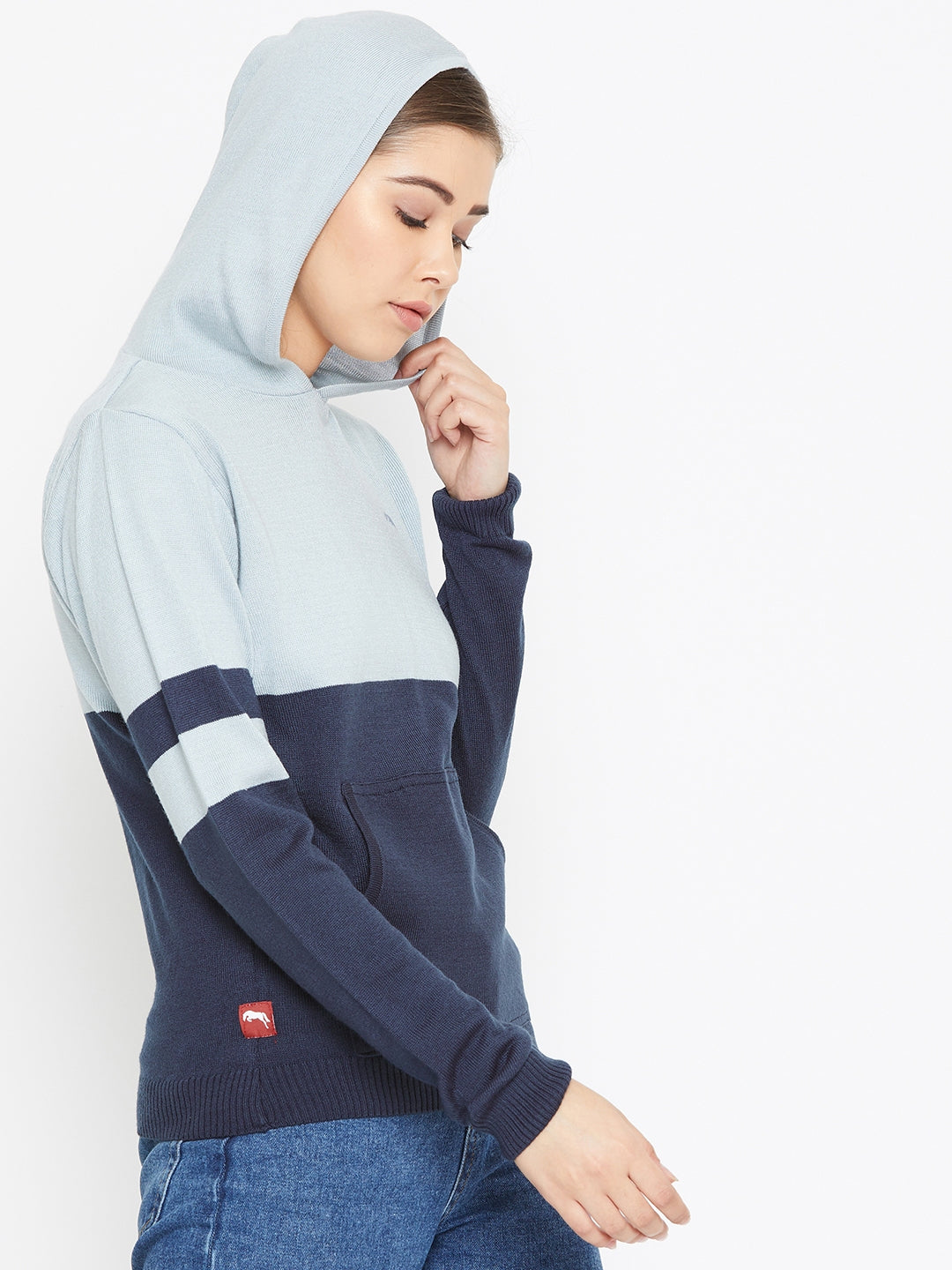 JUMP USA Women Blue Colourblocked Hooded Sweater - JUMP USA