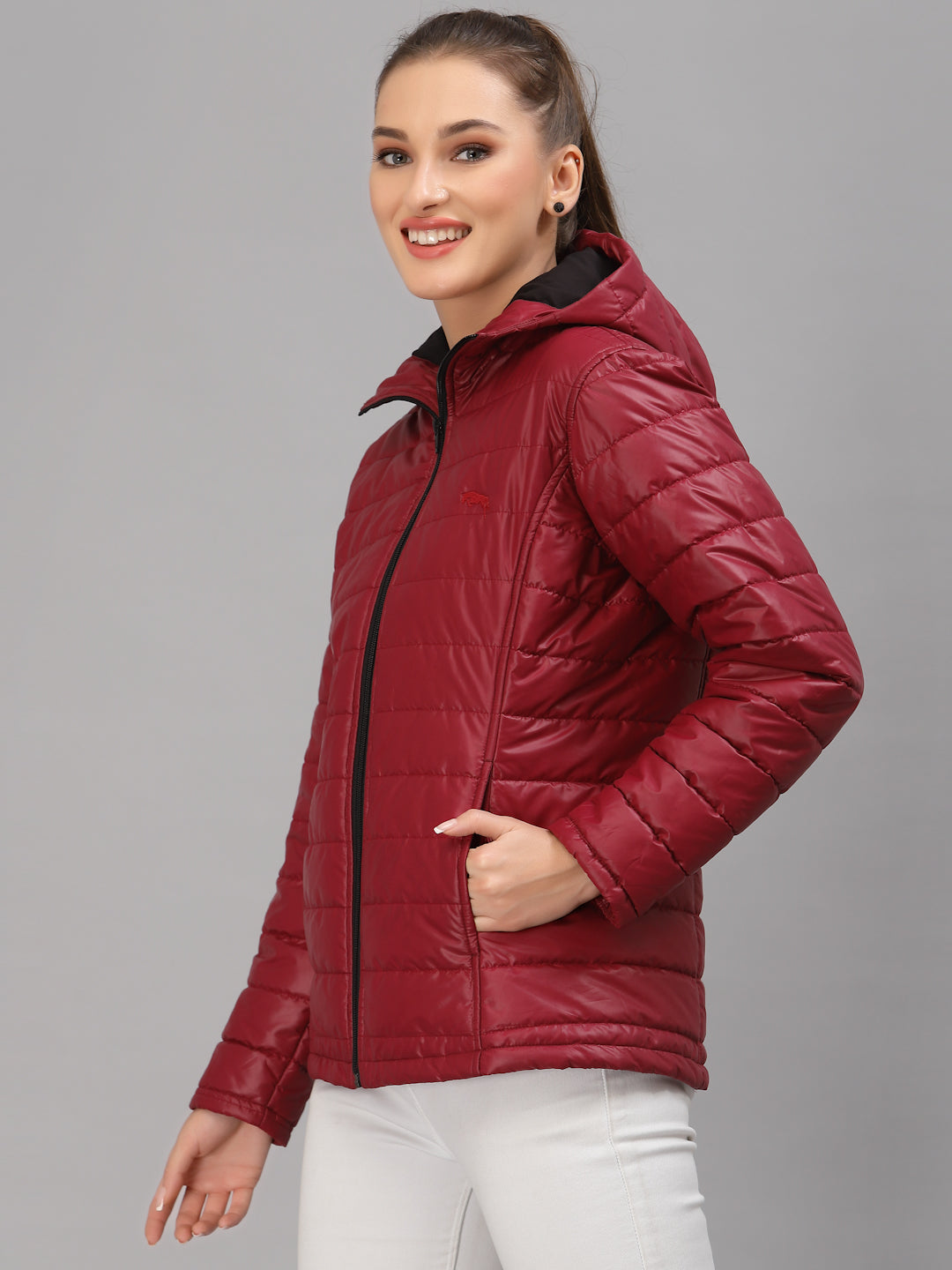 JUMP USA Women Maroon Solid Active Wear Jacket With Hood