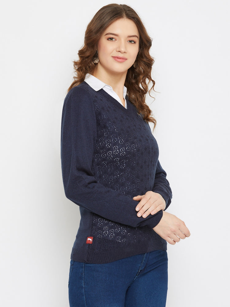 JUMP USA Women Navy Blue Self Design Sweater