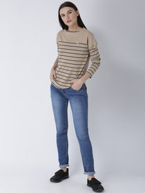 Women Round Neck Beige T-shirt - JUMP USA