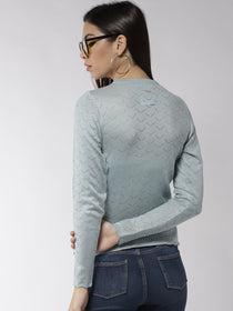 Women Self Design Blue Pullover - JUMP USA