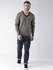 Men Navy Blue and Beige Colourblocked Pullover - JUMP USA