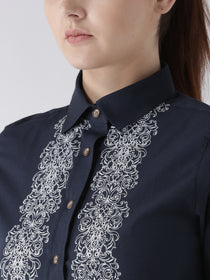 Women Navy Blue Regular Fit Printed Casual Shirt - JUMP USA