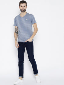 Men Blue Striped V-Neck T-shirt - JUMP USA