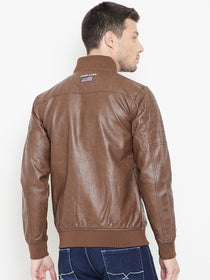 JUMP USA Tan Solid Casual PU Leather Varsity Jacket - JUMP USA