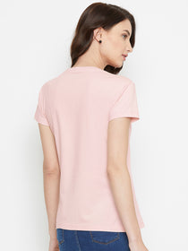 Women Pink Solid Casual V Neck T-shirt - JUMP USA