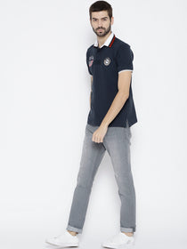 Men Navy Blue Solid Polo Collar T-shirt - JUMP USA