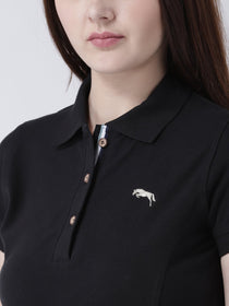 Women Black Solid Polo Neck T-shirt - JUMP USA