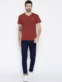 Men Red Striped V-Neck T-shirt - JUMP USA