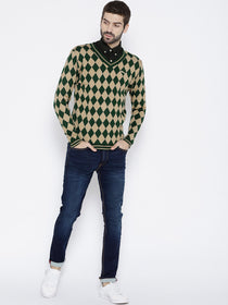 Men Green and Beige Colourblocked Pullover - JUMP USA