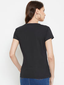 Women Black Solid Casual Round Neck T-shirt - JUMP USA