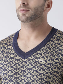 Men Navy Blue and Beige Colourblocked Pullover - JUMP USA