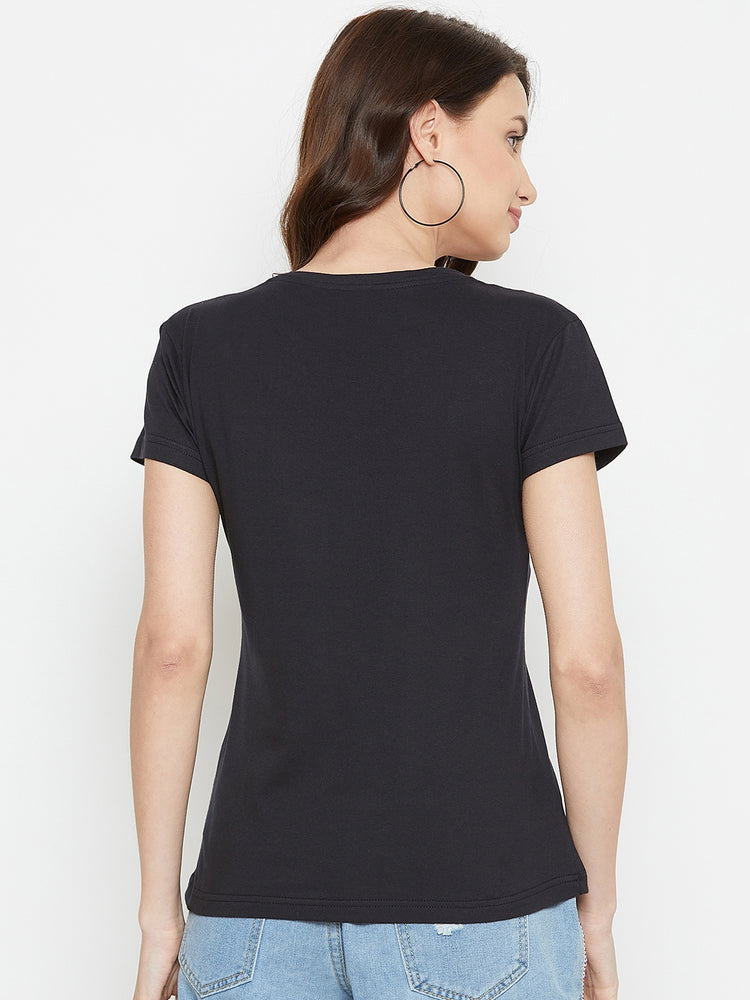 Women Black Solid Casual V Neck T-shirt - JUMP USA
