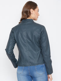 JUMP USA Women Olive Solid Casual Leather Jacket - JUMP USA