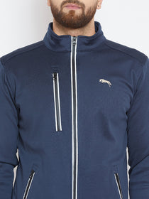 Men Navy Blue Solid Sporty Jacket - JUMP USA