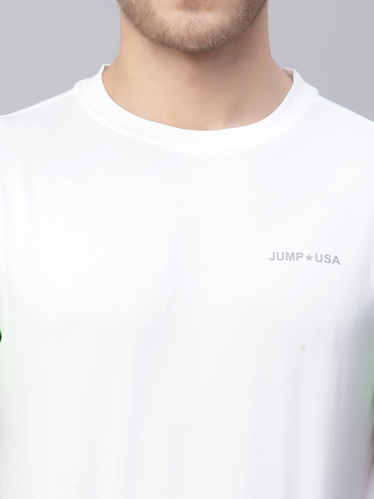 JUMP USA Men White & Green Solid Round Neck Sports T-shirt