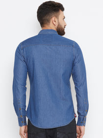Men Dark Blue Washed Slim Fit Casual Shirt - JUMP USA