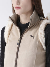 Women Polyster Casual Sleeveless  Beige Winter Jacket - JUMP USA (1568776421418)
