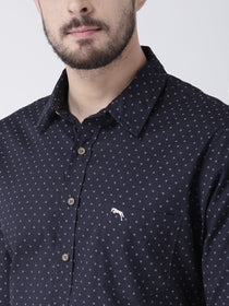 Men Navy Blue Printed Cotton Slim Fit Shirt - JUMP USA