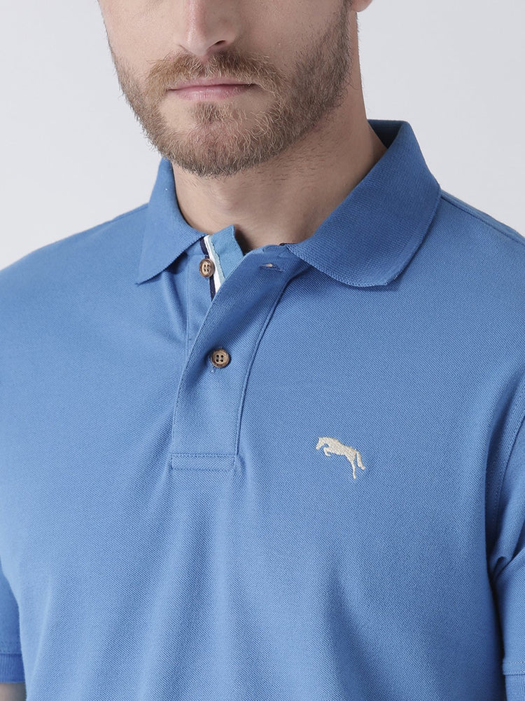 Men Blue Solid Polo Collar T-Shirt - JUMP USA