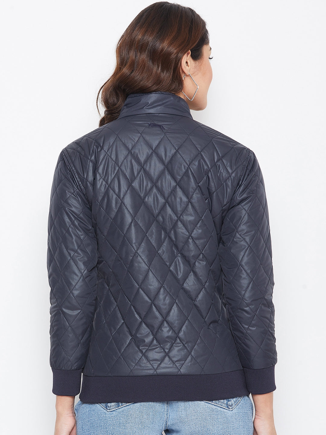 JUMP USA Women Navy Blue Self Design Jacket - JUMP USA