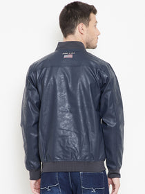 JUMP USA Navy Solid Casual PU Leather Varsity Jacket - JUMP USA