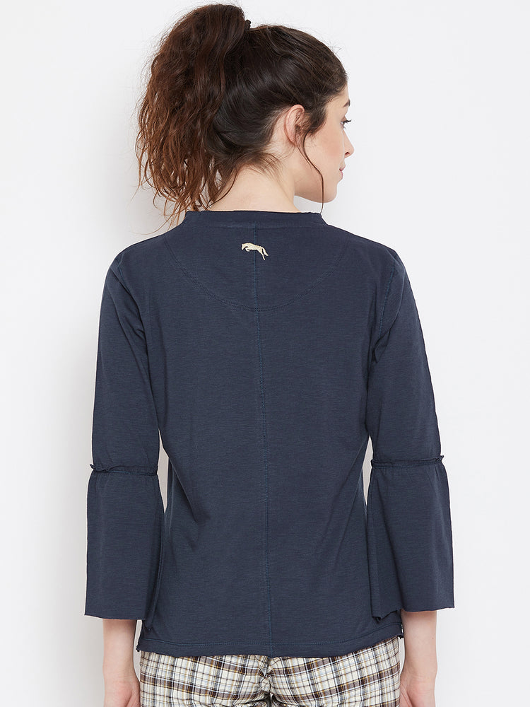 Women Navy Blue Solid Casual Tops - JUMP USA
