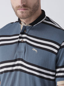 Men Blue Striped Polo Collar T-Shirt - JUMP USA
