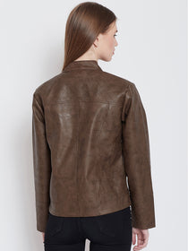 Women Casual Brown Leather Jacket - JUMP USA