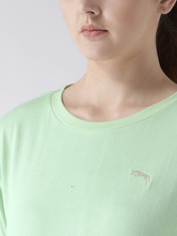 Women Teal Solid Round Neck T-shirt - JUMP USA