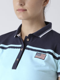 Women Blue Casual Polo Collar T-Shirt - JUMP USA