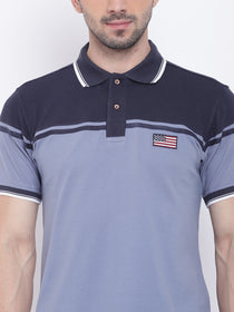 Men Casual Solid Blue Polo Collar T-Shirt - JUMP USA