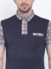 Men Casual Solid Navy Blue Polo Collar T-Shirt - JUMP USA