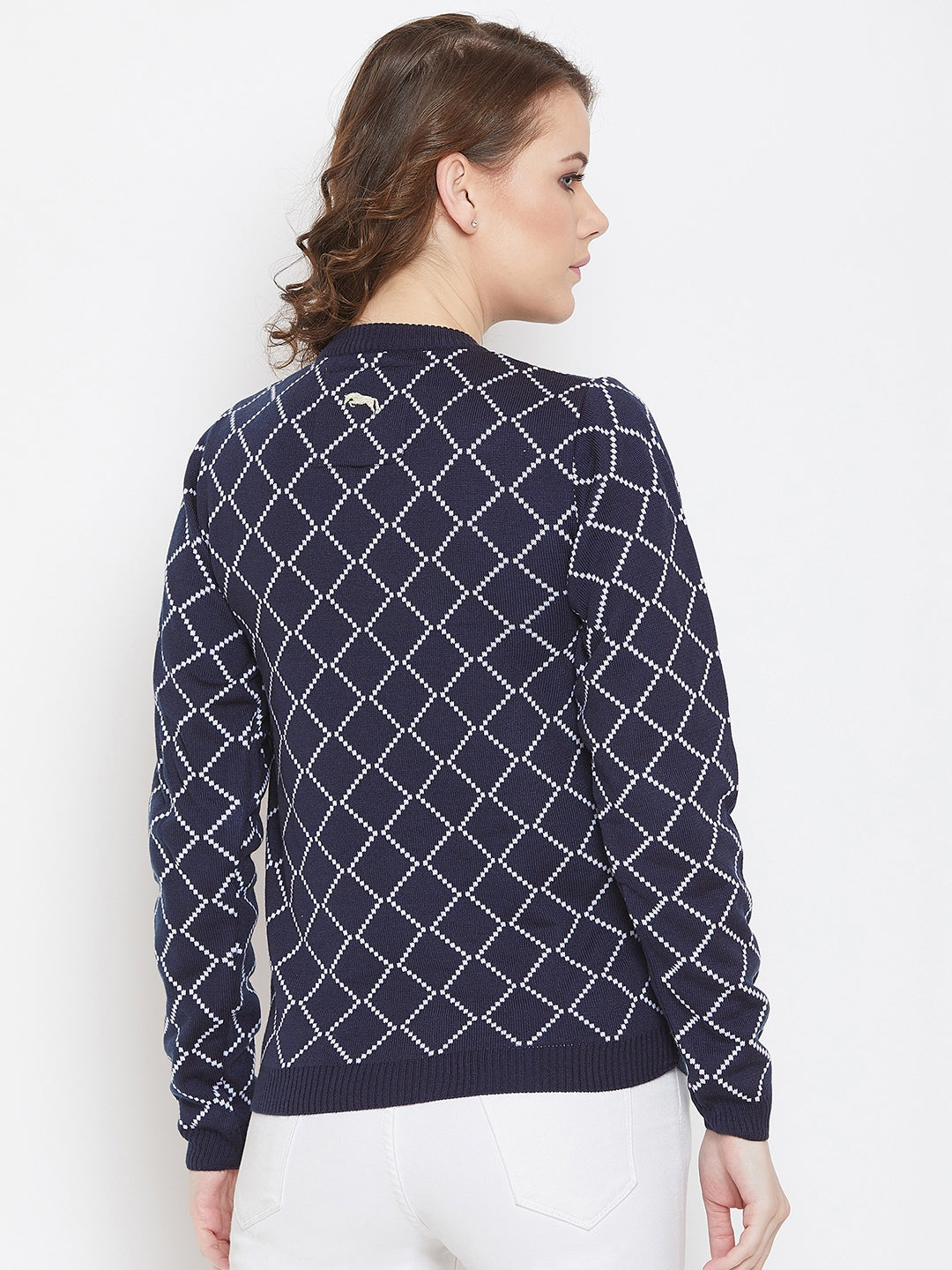 JUMP USA Women Navy Blue & White Acrylic Checked Sweater - JUMP USA
