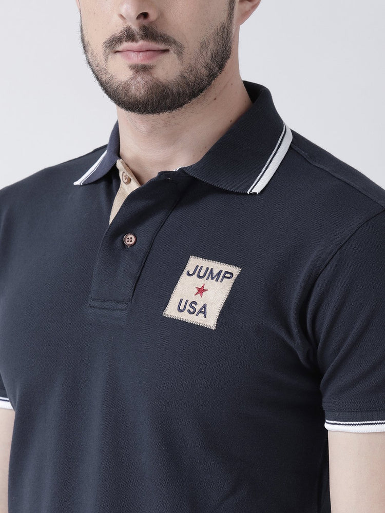 Men Navy Blue Solid Polo T-shirt - JUMP USA