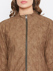JUMP USA Women Tan Solid Casual Leather Jacket - JUMP USA