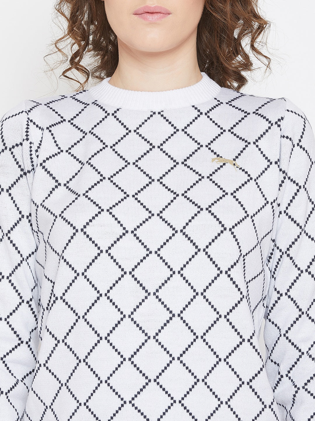 JUMP USA Women White & Navy Blue Acrylic Checked Sweater - JUMP USA