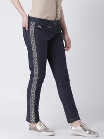 Women Navy Blue Slim Fit Solid Casual Trousers - JUMP USA